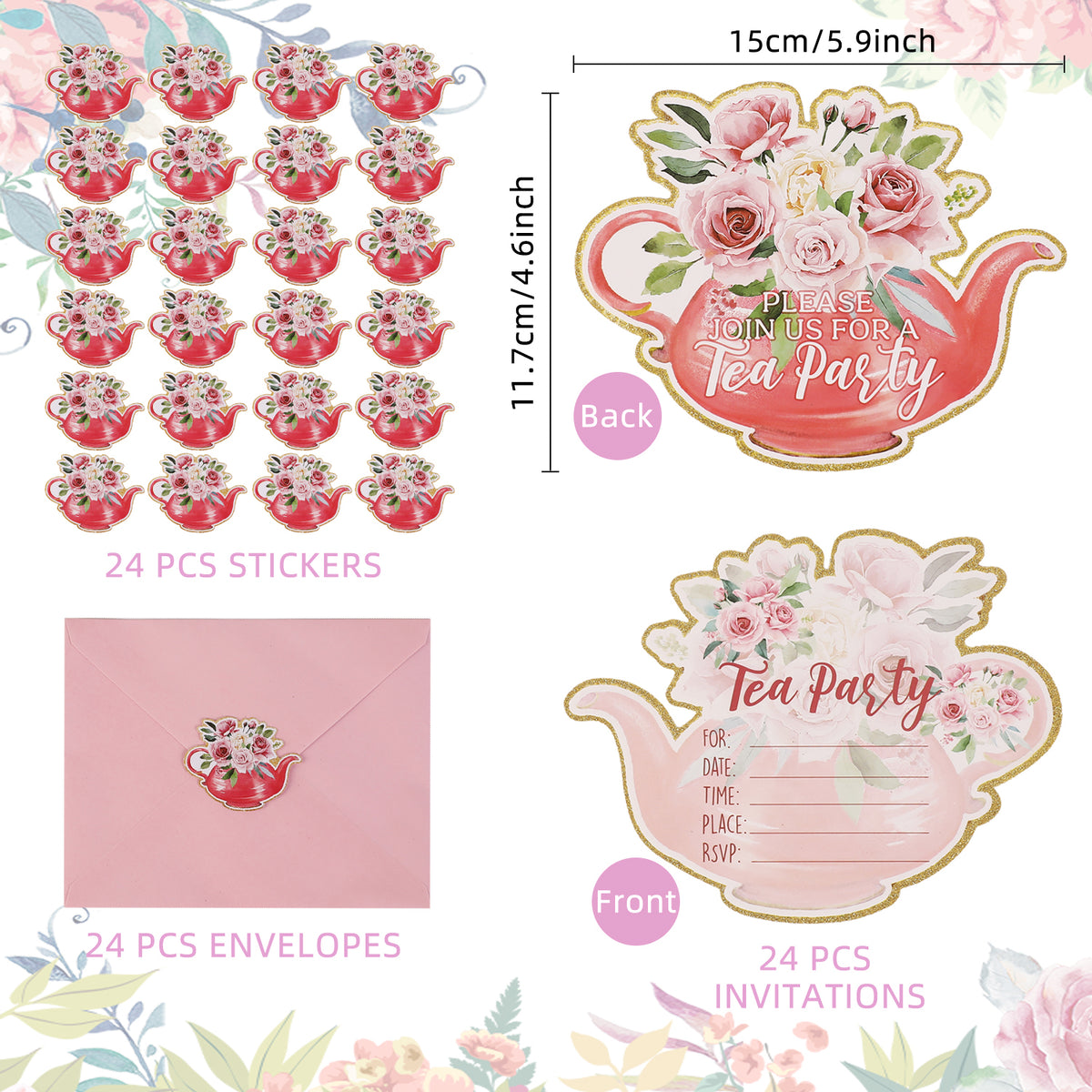 Tea Party Invitation Set (72 Pcs) – Teapot-Shaped Cards, Envelopes & Stickers