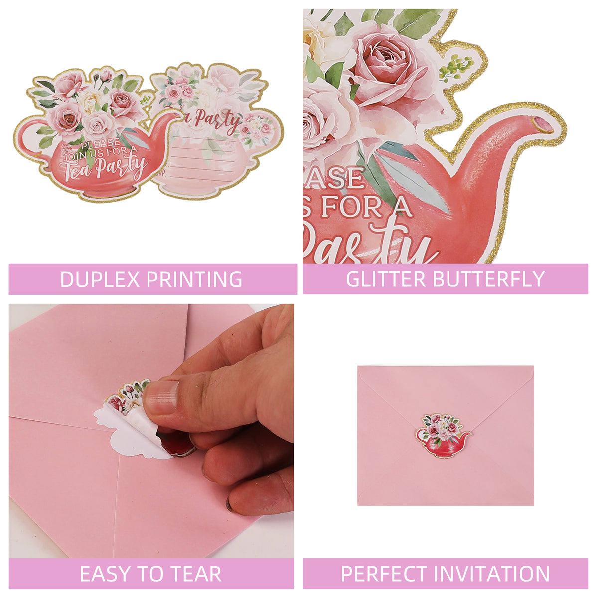 Tea Party Invitation Set (72 Pcs) – Teapot-Shaped Cards, Envelopes & Stickers