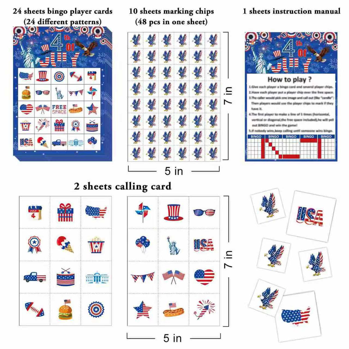 Independence Day Bingo Game Cards Set