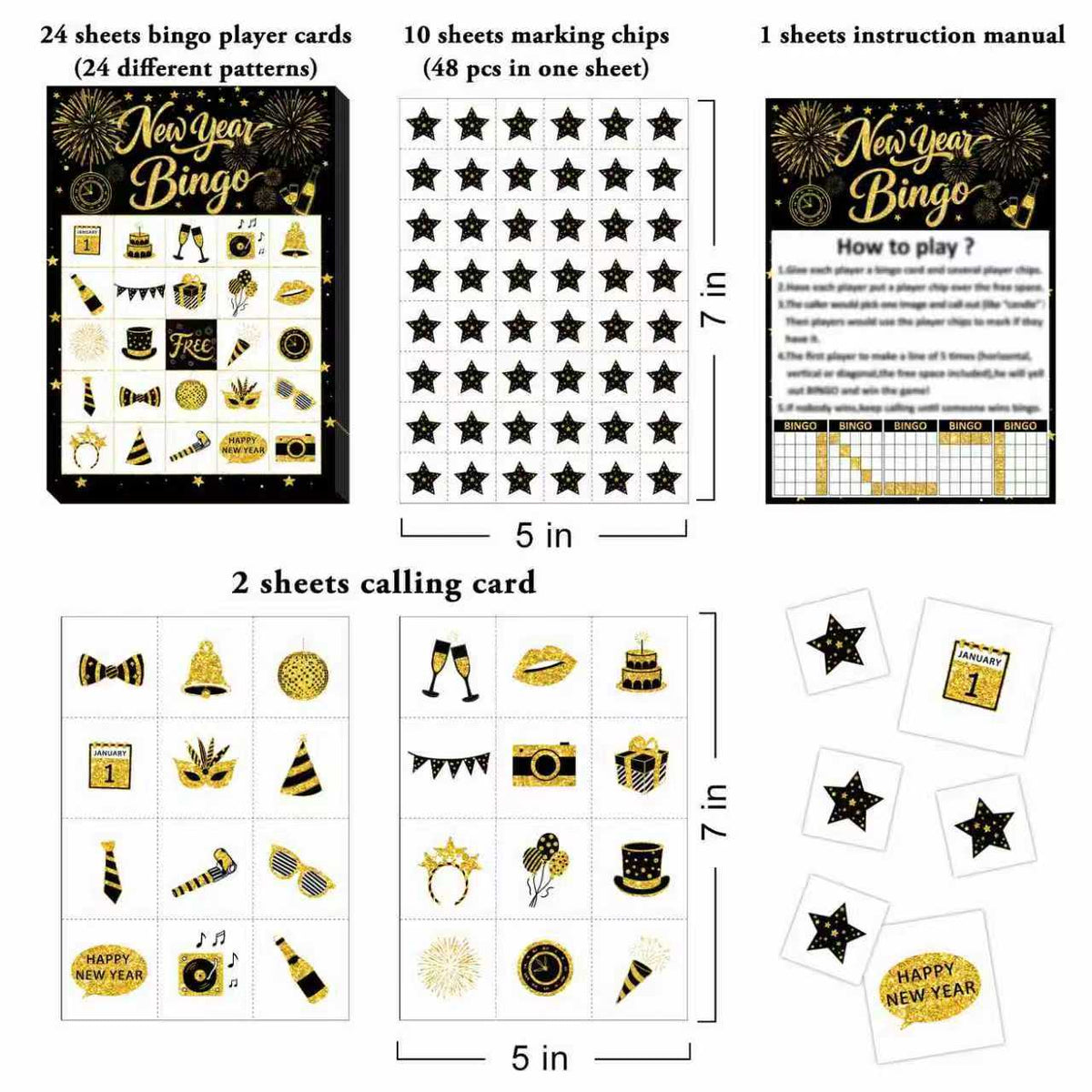 New Year Bingo Game Cards Set